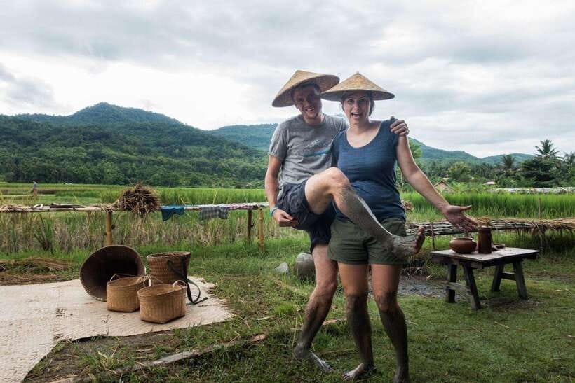 Living Land Farm Rice Experience - Guiding the buffalo plough